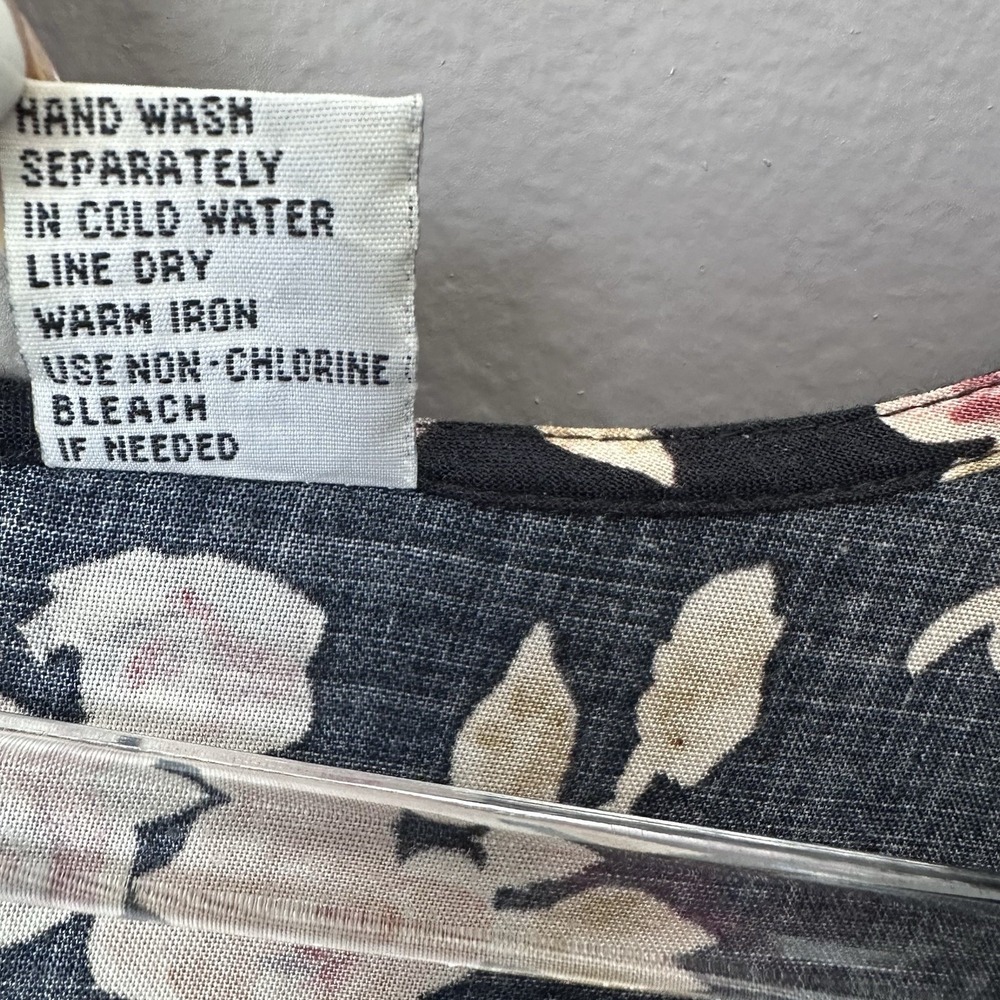 Vintage Ship N Shore Button Down Maxi Dress Womens 14 Black Floral Tie Back 90s - Picture 12 of 14